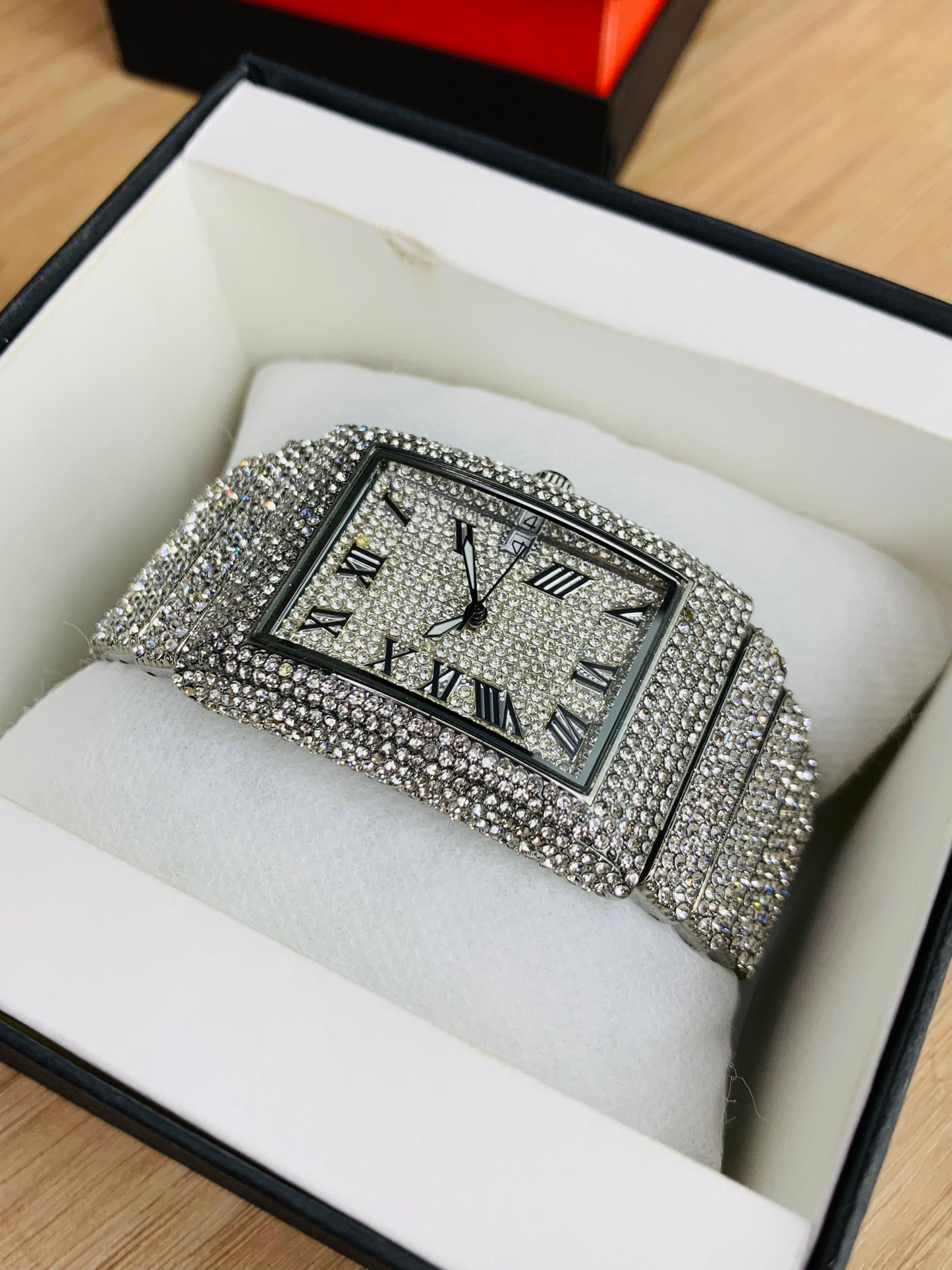 Luxury Rectangular Dial Iced-Out Wrist Watch with Roman Numerals