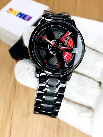Luxury Black Sports Watch | Unique Car Rim Dial Design | Men’s Stylish Wristwatch