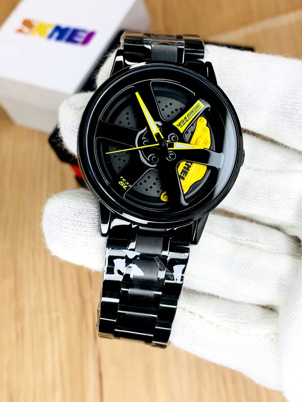 Luxury Black Sports Watch | Unique Car Rim Dial Design | Men’s Stylish Wristwatch