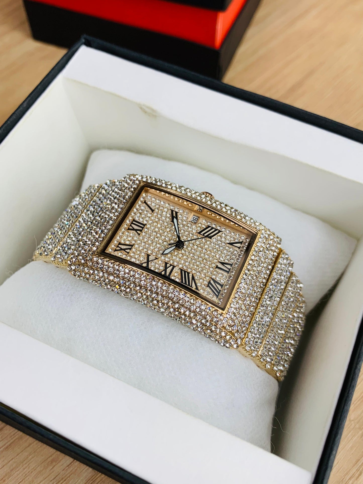 Luxury Rectangular Dial Iced-Out Wrist Watch with Roman Numerals