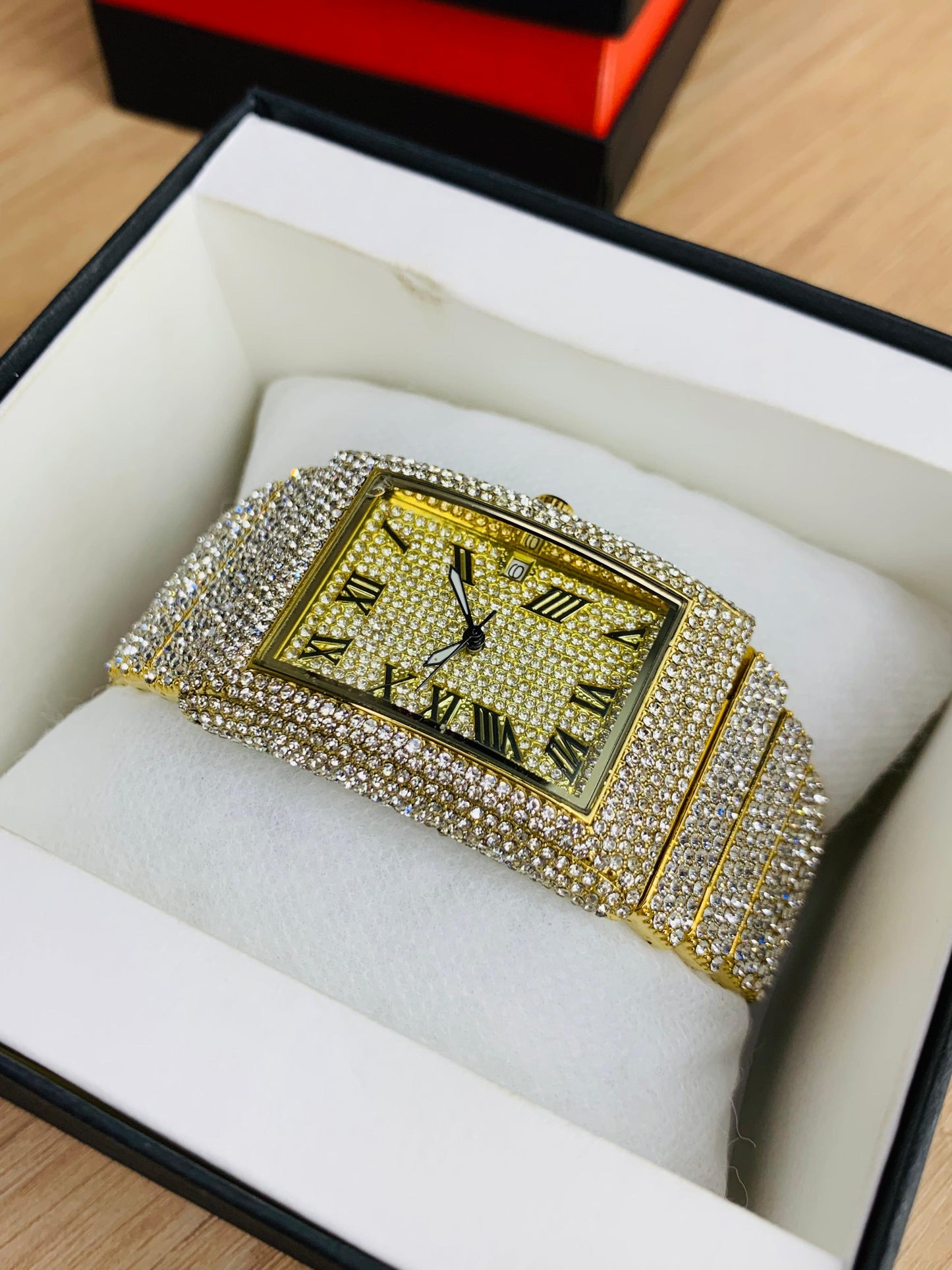 Luxury Rectangular Dial Iced-Out Wrist Watch with Roman Numerals