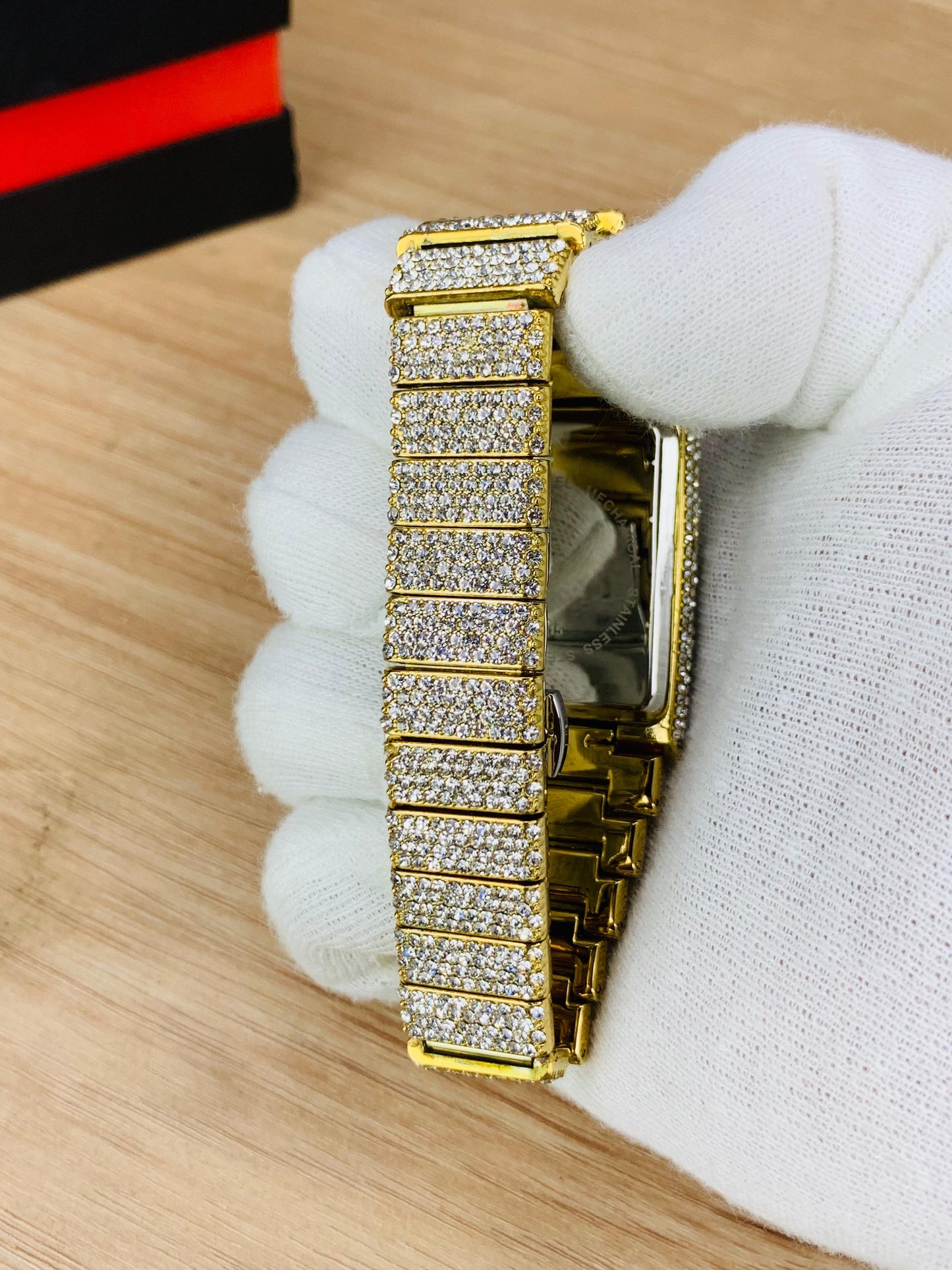 Luxury Rectangular Dial Iced-Out Wrist Watch with Roman Numerals
