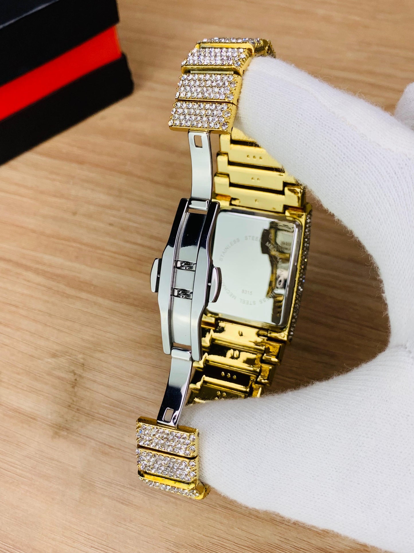 Luxury Rectangular Dial Iced-Out Wrist Watch with Roman Numerals