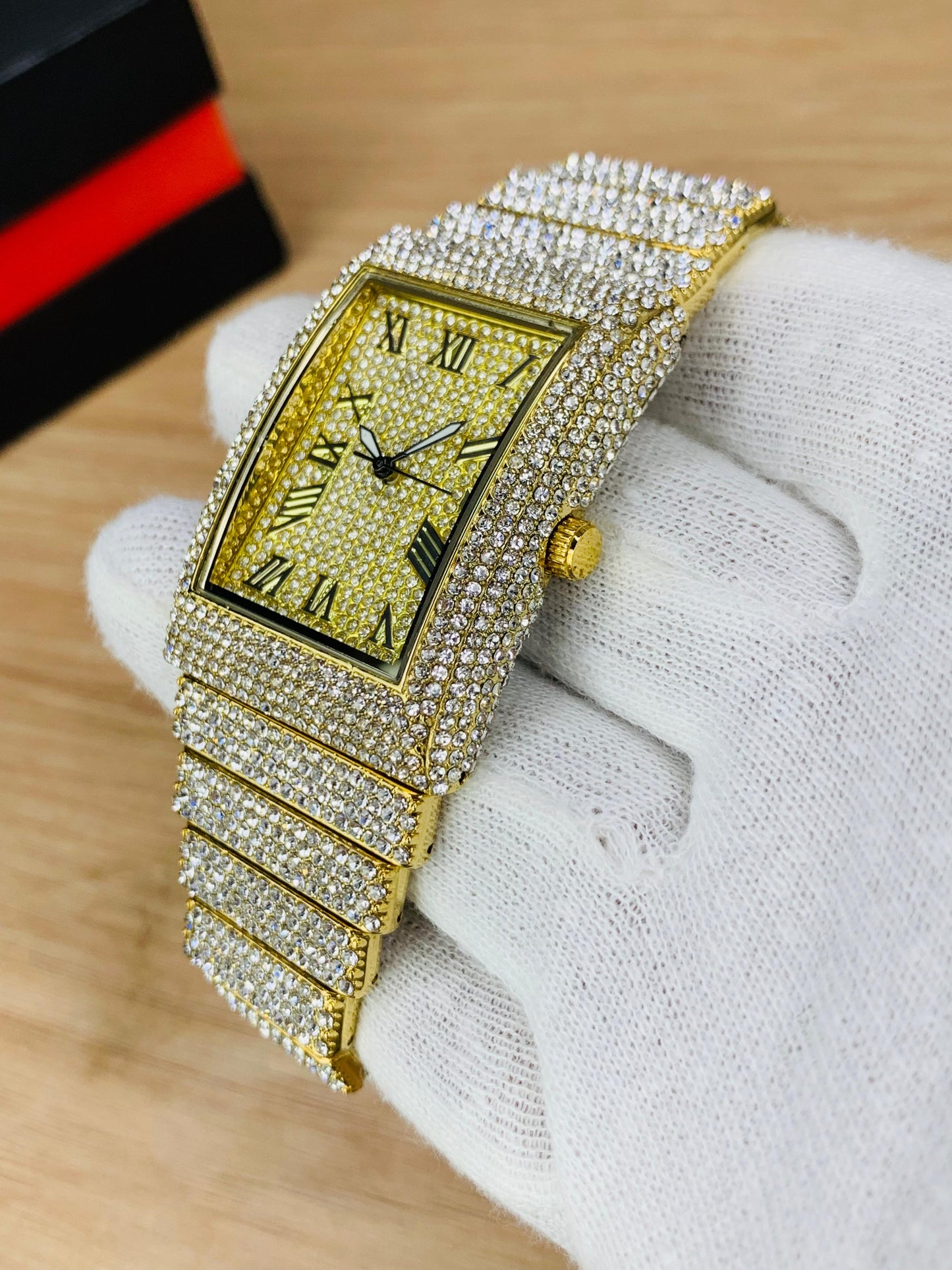 Luxury Rectangular Dial Iced-Out Wrist Watch with Roman Numerals