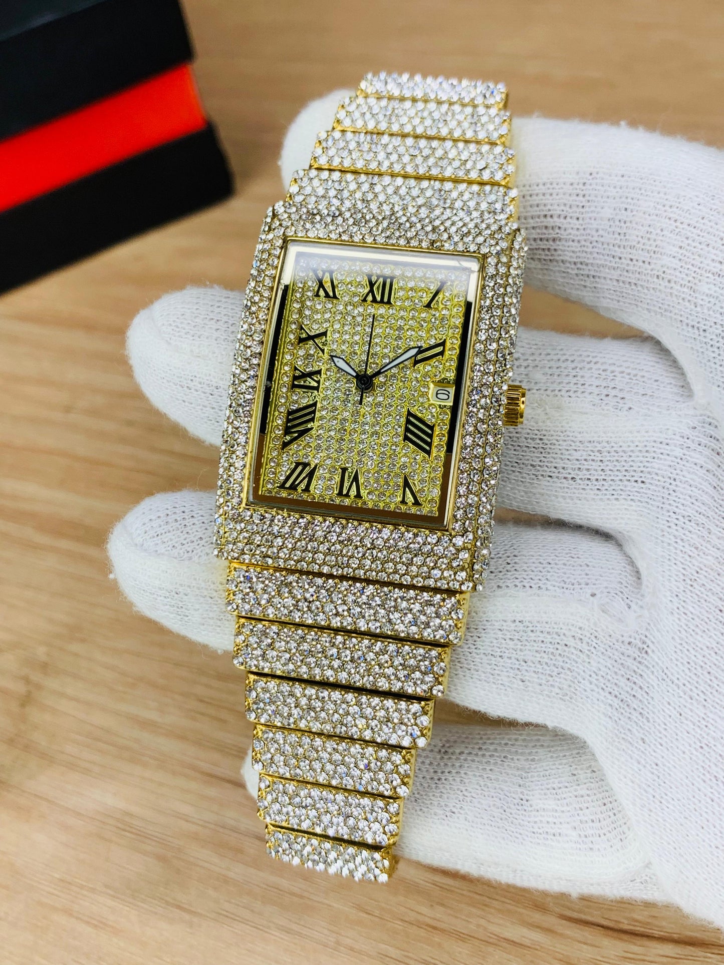 Luxury Rectangular Dial Iced-Out Wrist Watch with Roman Numerals