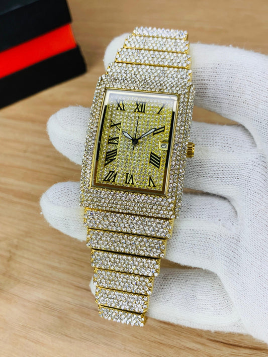 Luxury Rectangular Dial Iced-Out Wrist Watch with Roman Numerals